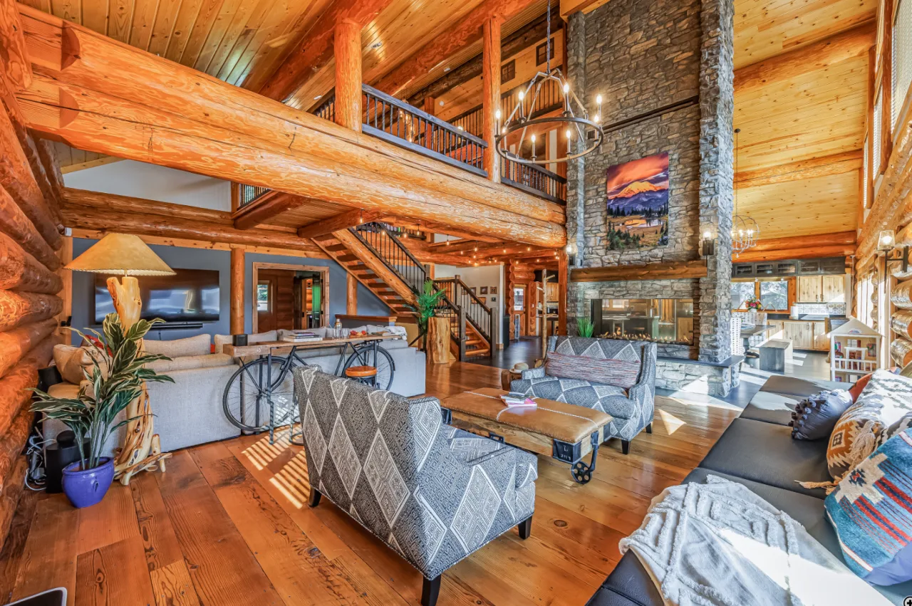 The soaring timber great room at Fire Lodge