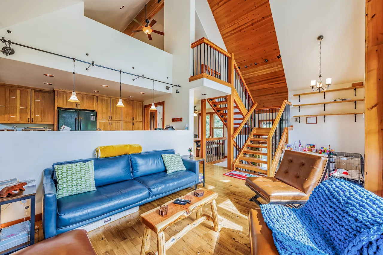 The bright timber living room at Hyak Chalet